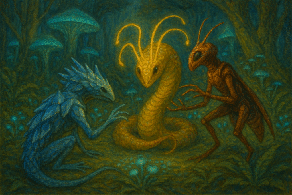 Crystalline and fungal alien beings commune in a glowing forest, surrounded by pulsing light and organic architecture
