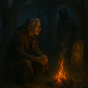A weathered storyteller kneels beside a campfire in a dark forest, facing a spectral figure as glowing runes shine on a nearby stone.
