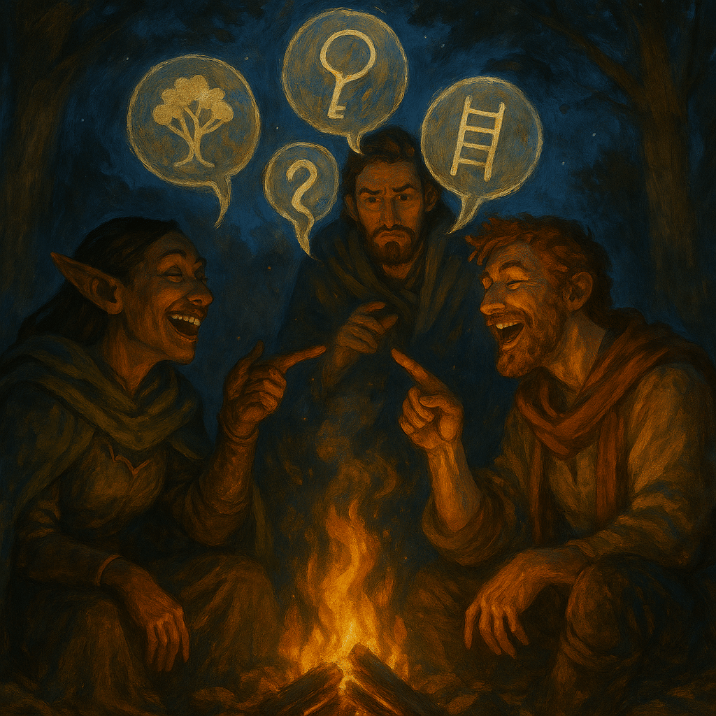 An elf and a human sit around a campfire laughing, pointing at each other while glowing speech bubbles above them show mismatched symbols like a tree, key, and ladder. Between them, an interpreter looks on, confused and amused, in a moonlit forest.