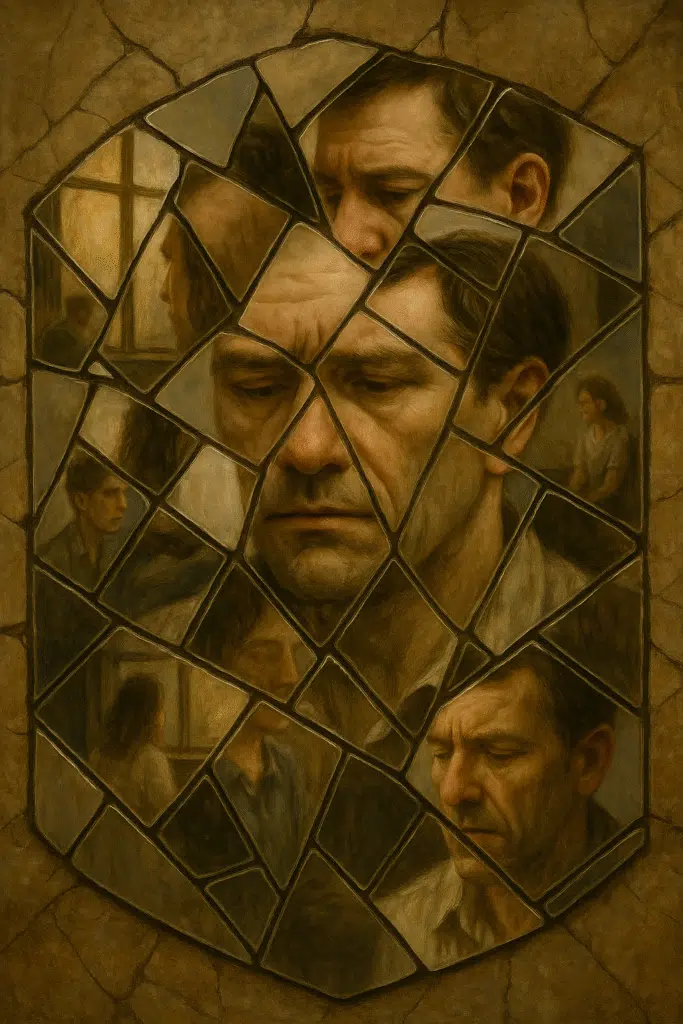 A mosaic of mirror shards reflects fragmented glimpses of a person and their memories, symbolizing nonlinear revelation of backstory.