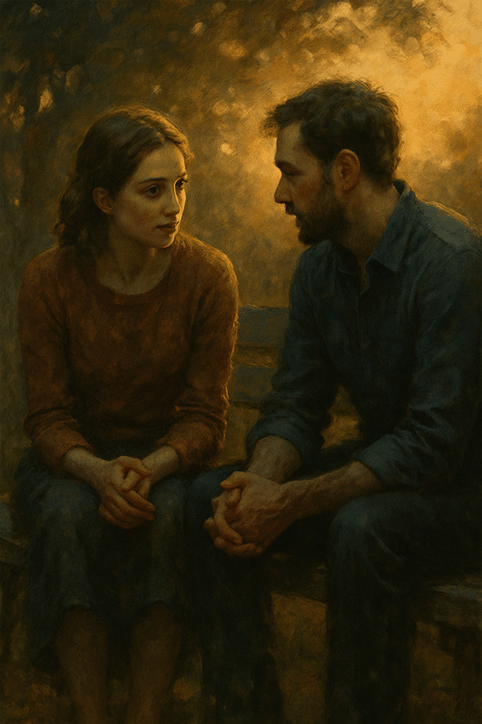 A man and woman sit closely on a wooden bench, bathed in soft golden light, leaning toward each other in quiet, attentive conversation beneath a canopy of dappled trees.