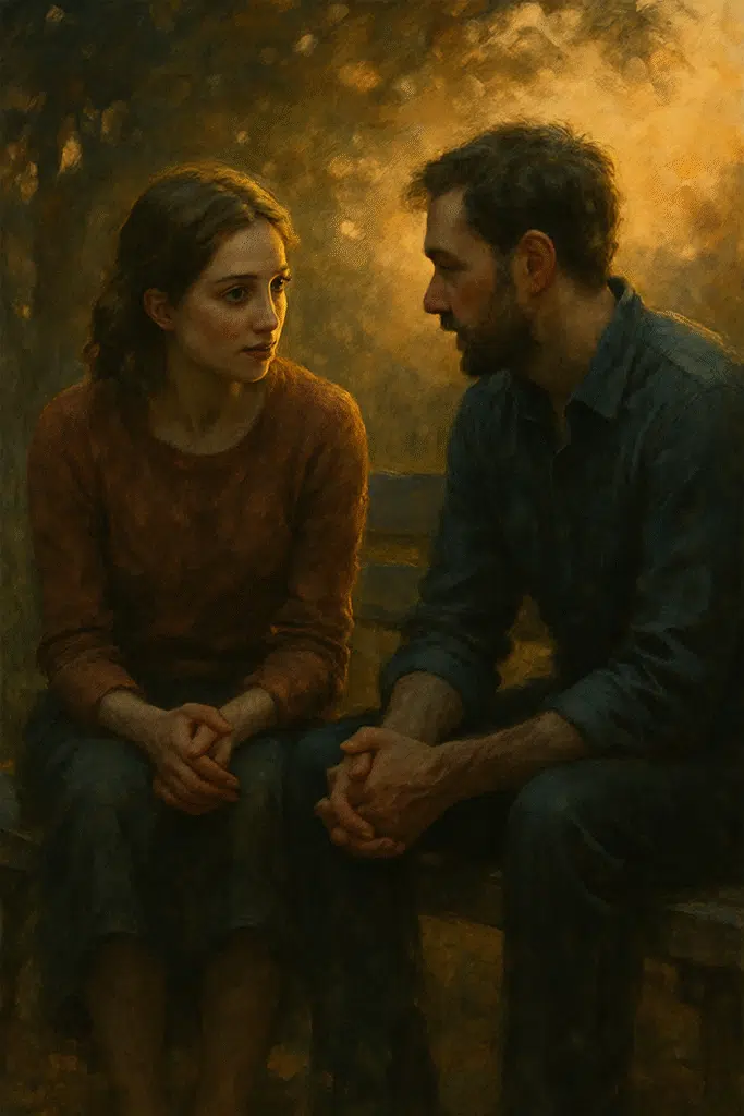 A man and woman sit closely on a wooden bench, bathed in soft golden light, leaning toward each other in quiet, attentive conversation beneath a canopy of dappled trees.