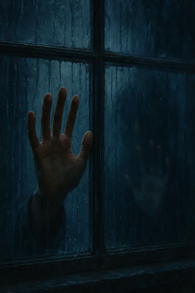 A hand pressed against a rain-soaked window pane, with a second, blurred hand mirroring it from the opposite side, separated by condensation and shadow.
