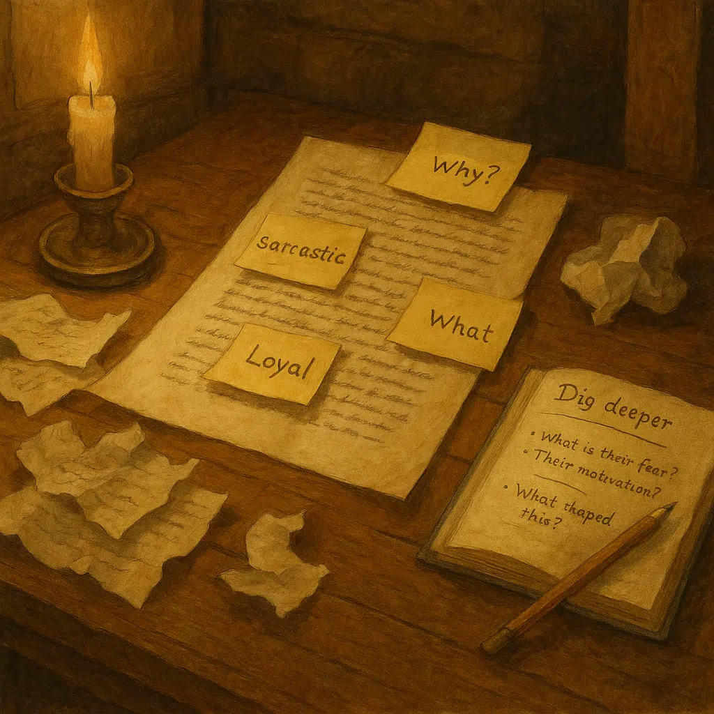 Painterly image of a rustic writer’s desk with sticky notes and character questions, lit by candlelight