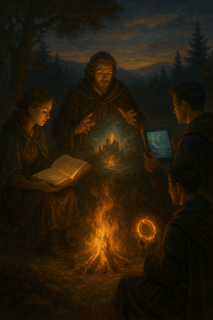 A group of four figures sit around a fire at twilight; one reads a book, another holds a glowing crystal screen, a third clasps a radiant artifact, and the central storyteller conjures a castle in the flames.