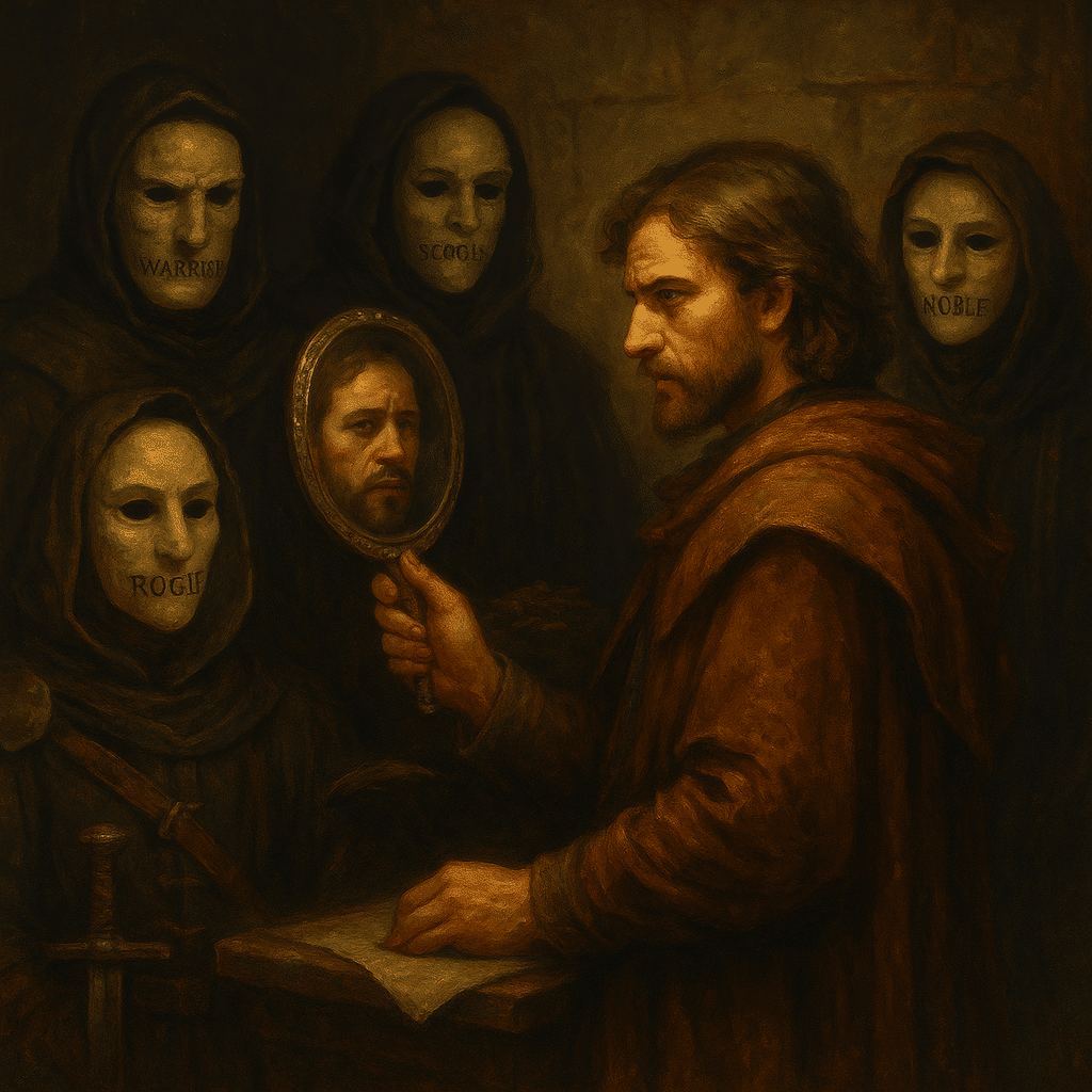 A fantasy playwright stands in a dim chamber, holding a mirror that reflects his own face. Around him, four hooded actors wear similar white masks labeled "WARRIOR," "SCHOLAR," "ROGUE," and "NOBLE." Despite their roles, the masks appear nearly identical.