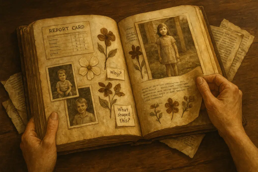 Hands turning pages in a vintage scrapbook filled with childhood photos, flowers, and reflective notes