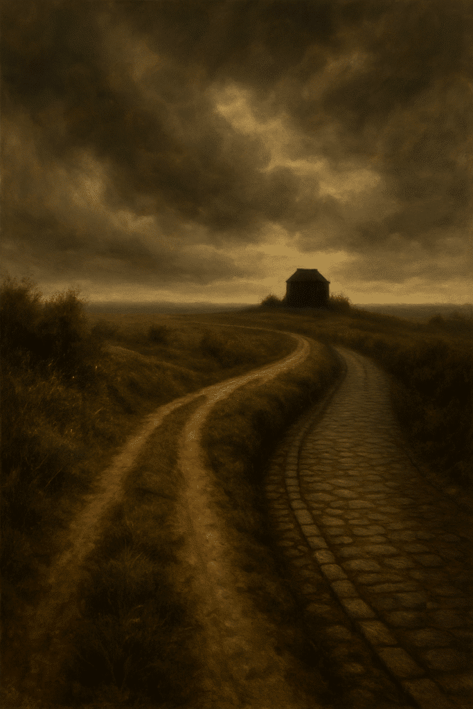 Two distinct roads merge toward a shadowed structure on the horizon, symbolizing the inevitable clash of past and present.