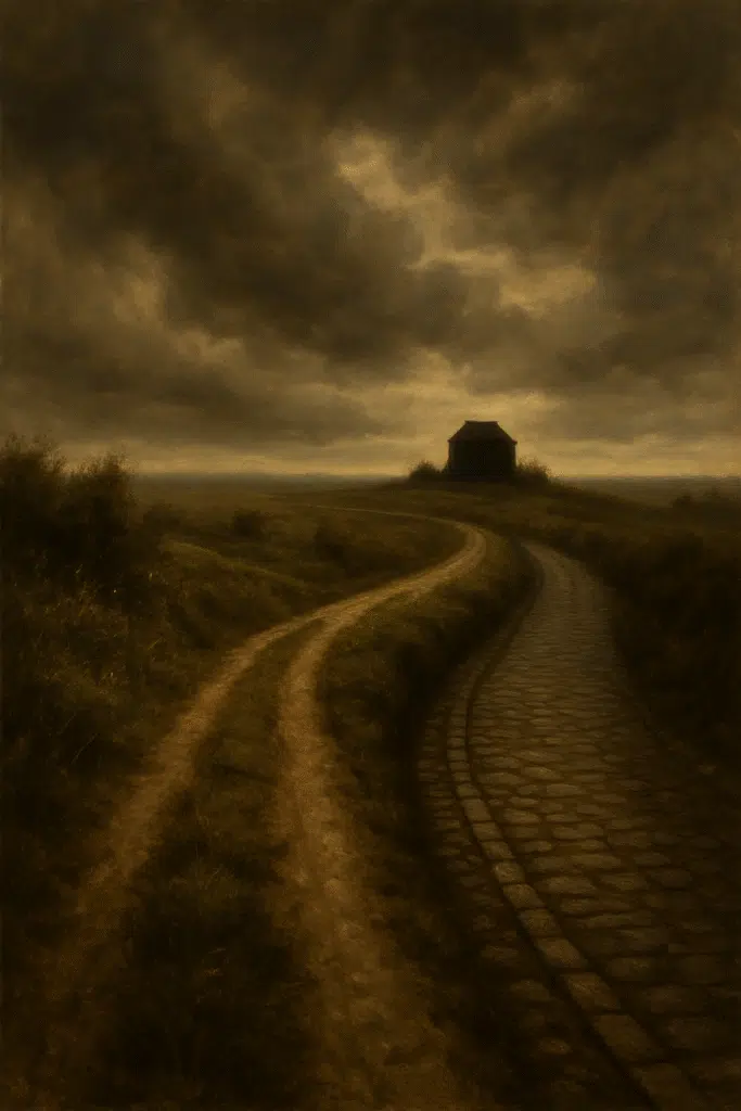 Two distinct roads merge toward a shadowed structure on the horizon, symbolizing the inevitable clash of past and present.