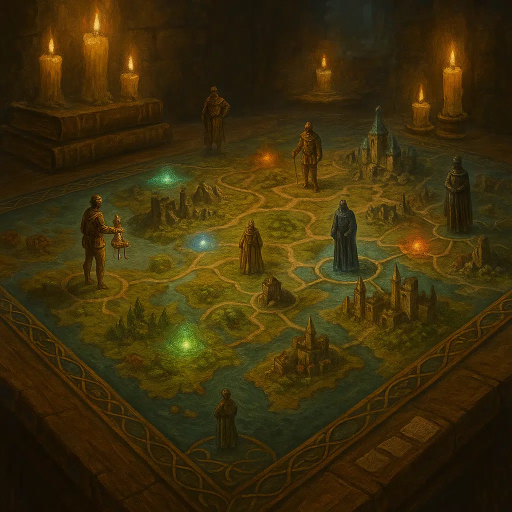 A detailed fantasy game board on a candle-lit table, with explorer, scholar, warrior, and diplomat figurines placed across a map of forests, cities, and ruins glowing with magical lights.