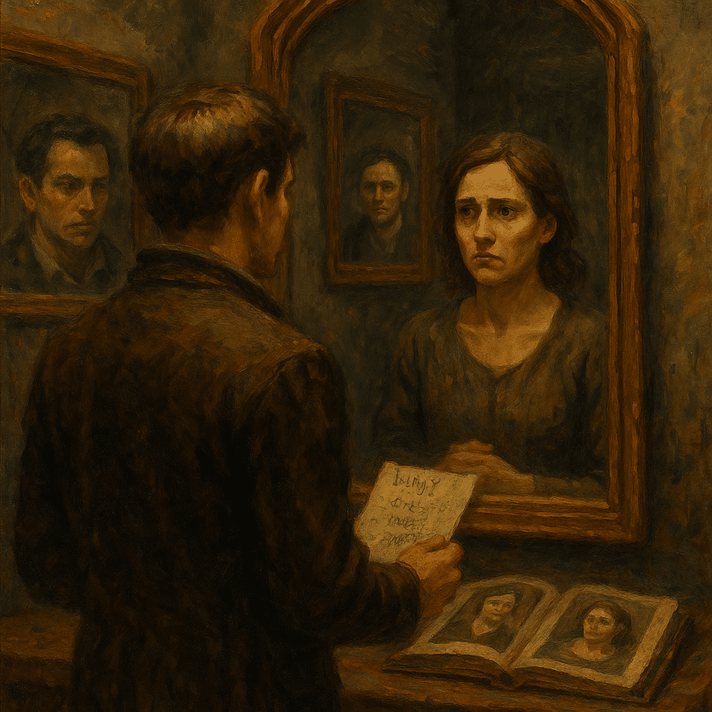 Man and woman face each other in a mirror room; their reflections reveal the opposite of how they appear