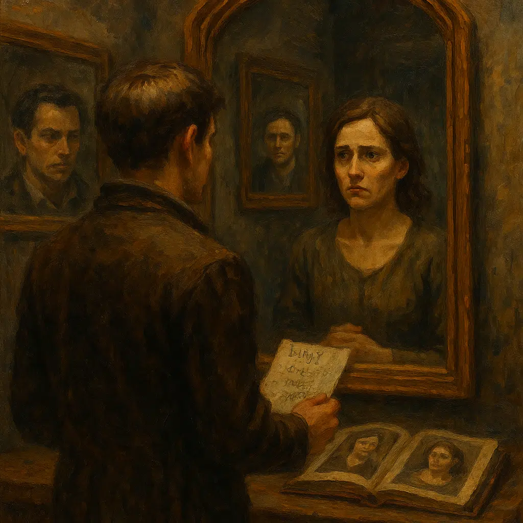 Man and woman face each other in a mirror room; their reflections reveal the opposite of how they appear