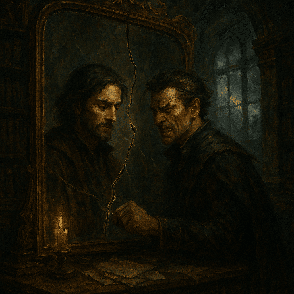 A cracked mirror in a dark library reflects two sides of the same man—one noble and solemn, the other cruel and snarling—lit by stormlight and a single candle.