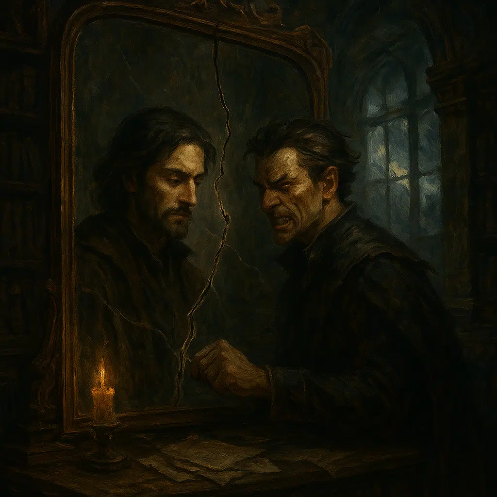 A cracked mirror in a dark library reflects two sides of the same man—one noble and solemn, the other cruel and snarling—lit by stormlight and a single candle.