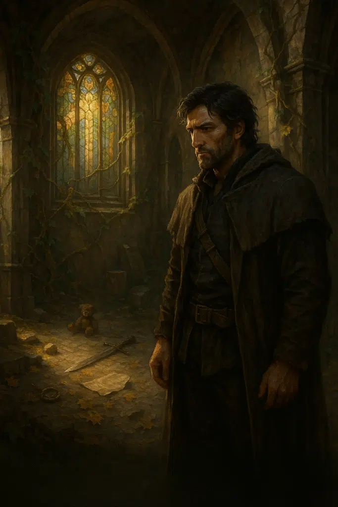 A weathered man stands in an overgrown cathedral, where sunlight streams through stained glass onto a child's toy, a broken sword, and a scattered diary page on the floor.