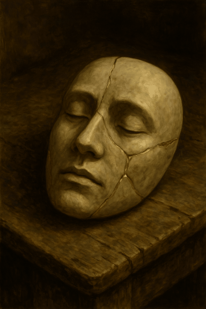 A ceramic mask with visible golden cracks rests on a table, symbolizing psychological wounds that define identity.