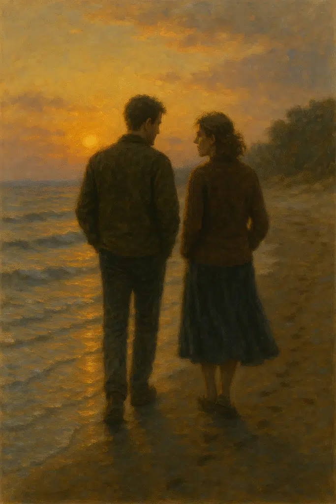 A couple walks side by side along a quiet shoreline at sunset, their silhouettes glowing in the soft golden light as gentle waves brush the sand beside them.