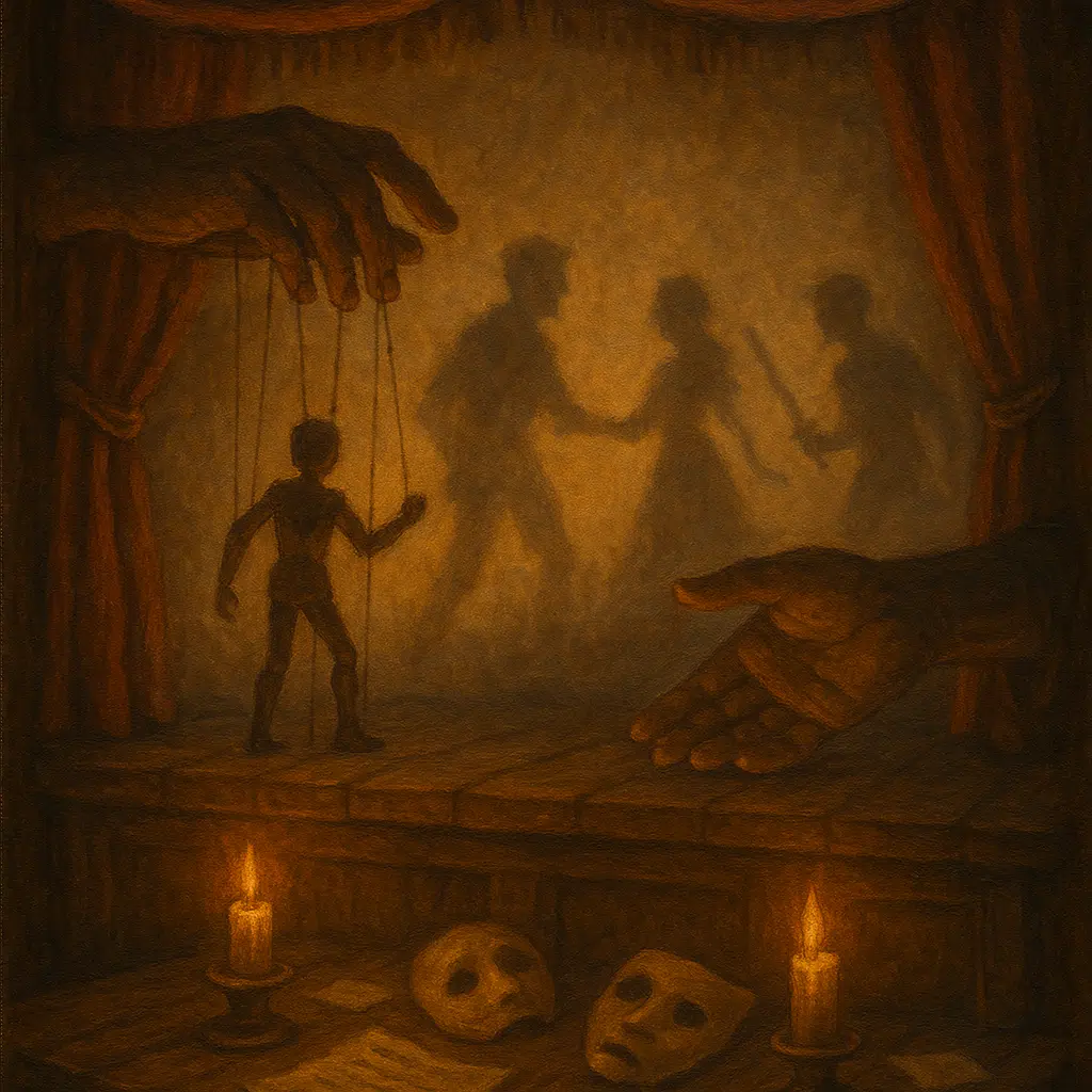 A shadow puppet stage with a marionette in the foreground, manipulated by hands above and below the stage, while behind the curtain, the silhouettes of real actors perform. Scattered masks and scripts lie near lit candles.