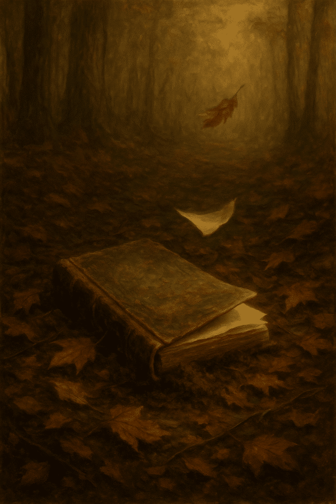An old, partly buried journal opens in a forest as leaves swirl around it, symbolizing backstory surfacing into the present.
