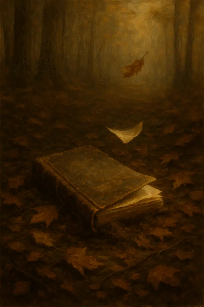 An old, partly buried journal opens in a forest as leaves swirl around it, symbolizing backstory surfacing into the present.