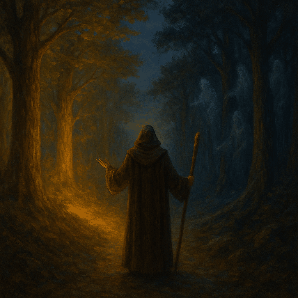 A hooded traveler holding a staff stands at the intersection of two forest paths, one glowing warmly and the other shrouded in dark blue hues with ghostly figures among the trees.