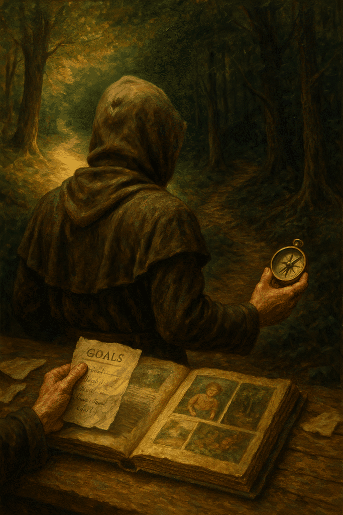 Cloaked traveler holding compass and goal list at a forked forest path, with light and shadow symbolizing a difficult choice