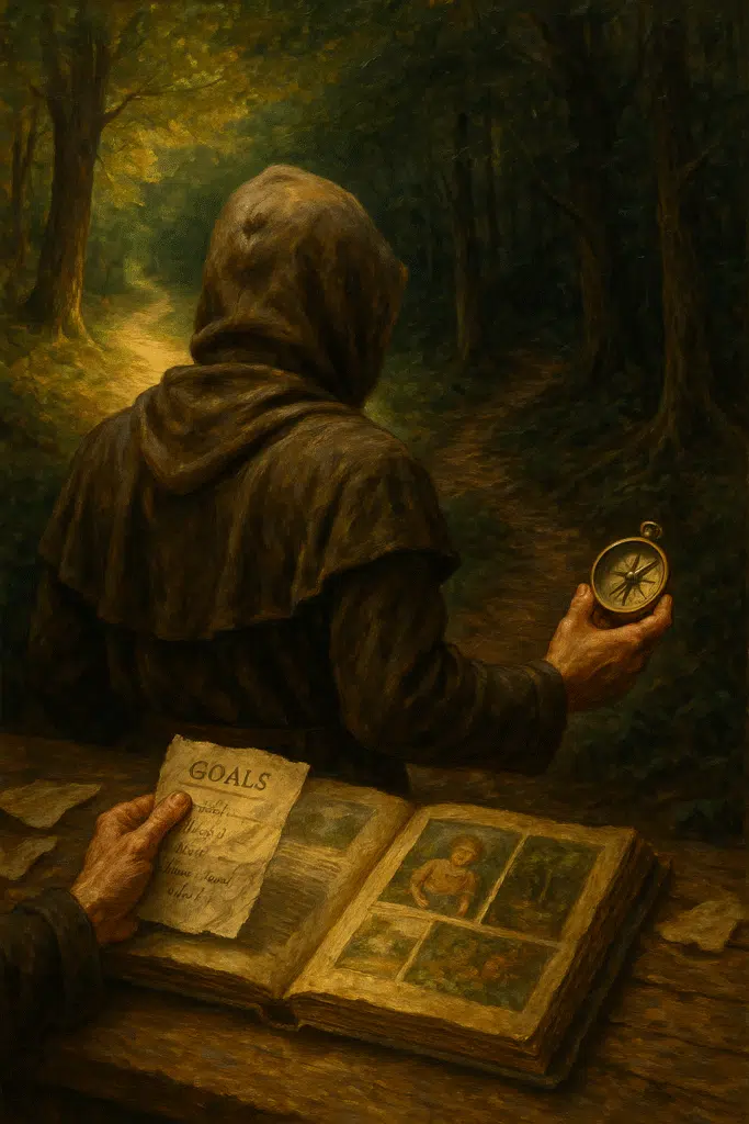 Cloaked traveler holding compass and goal list at a forked forest path, with light and shadow symbolizing a difficult choice