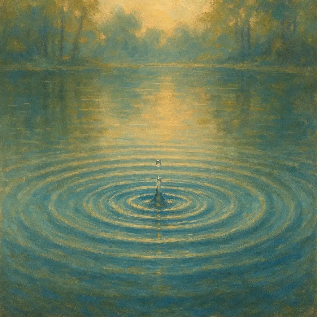 A single droplet of water creates concentric ripples on a still pond at sunset, with soft reflections of trees and golden sky mirrored on the surface.