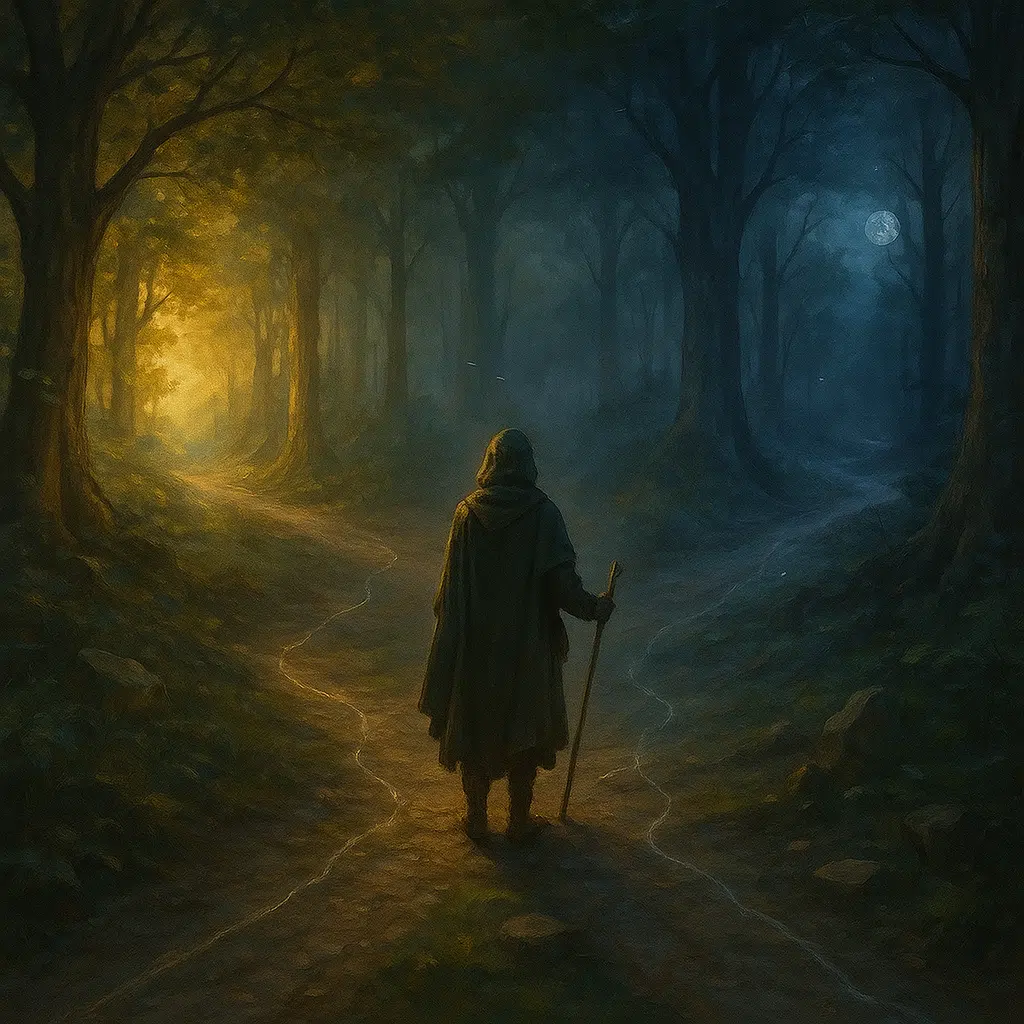A cloaked traveler stands at a fork in a forest path where three trails diverge—one glowing with golden sunlight, another bathed in moonlight, and the third shrouded in mist, each path marked by ethereal guiding threads.
