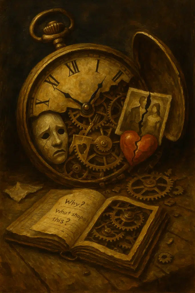 Broken pocket watch with mask, torn photo, and shattered heart inside—symbolizing emotional breakdown