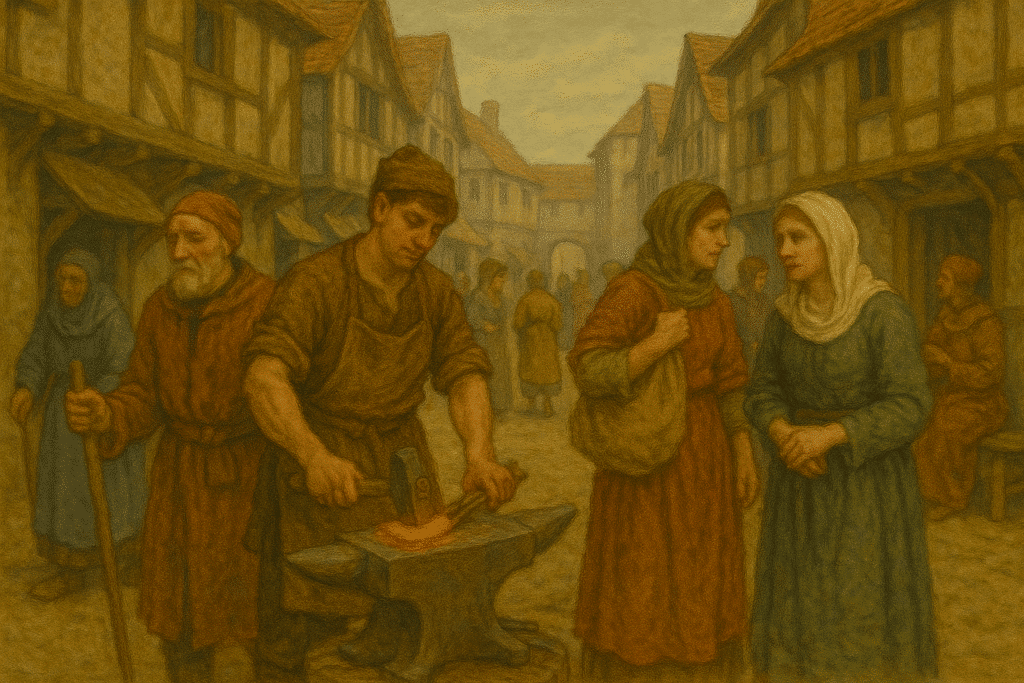 Blacksmiths and townsfolk gather in a medieval street under soft golden light, repeating a familiar pattern