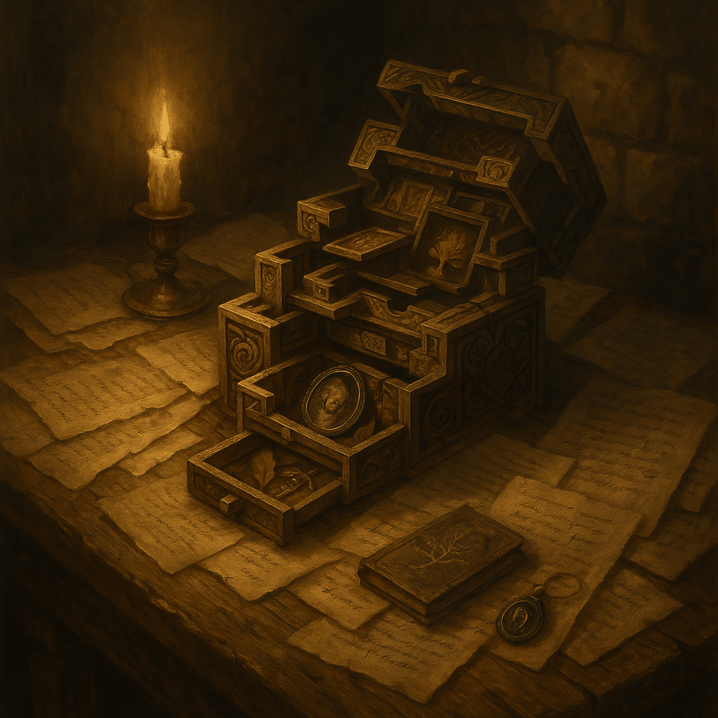 An ornate, multi-layered puzzle box unfolds on a wooden table surrounded by aged papers and candlelight, revealing hidden compartments and relics.