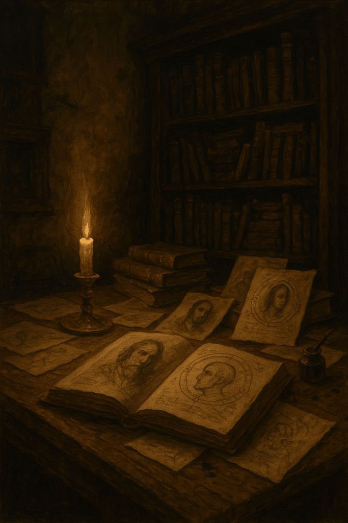 Candlelit study with scattered sketches and open books, featuring character diagrams and portraits, surrounded by dark wooden shelves of ancient tomes.