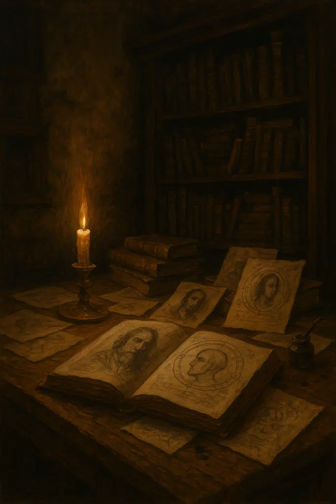 Candlelit study with scattered sketches and open books, featuring character diagrams and portraits, surrounded by dark wooden shelves of ancient tomes.
