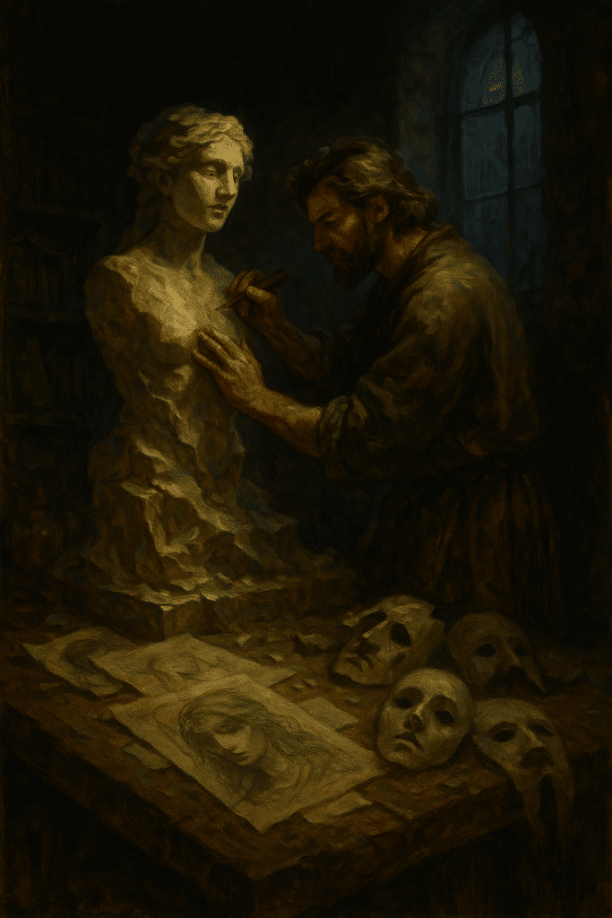 Bearded sculptor chiseling a half-finished marble statue in a moonlit workshop, surrounded by sketches and blank masks on a wooden table.