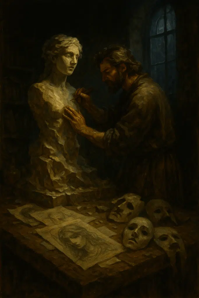 Bearded sculptor chiseling a half-finished marble statue in a moonlit workshop, surrounded by sketches and blank masks on a wooden table.