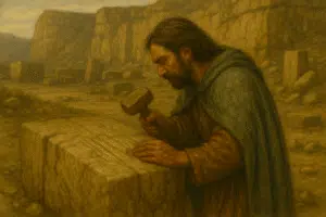 A medieval stonemason in a cloak chisels a large stone block in a quarry, surrounded by hewn stones and rocky cliffs.