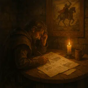 Weary traveler writing character notes in a medieval tavern by candlelight, with a heroic tapestry behind him