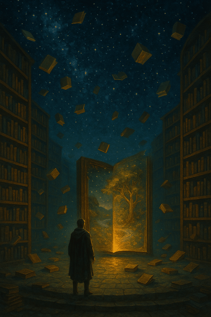A cloaked figure stands in a star-lit library where books float midair, facing an enormous open book that reveals a glowing, tree-filled landscape beyond.