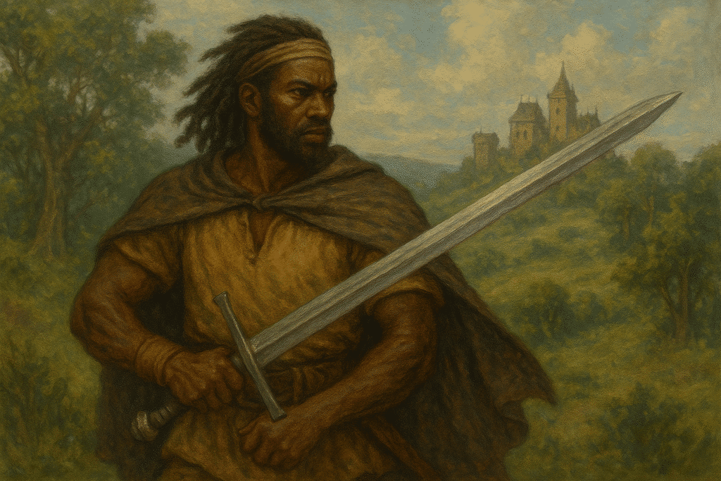 A warrior with dreadlocks holding a greatsword stands before a distant castle, cloaked and watchful
