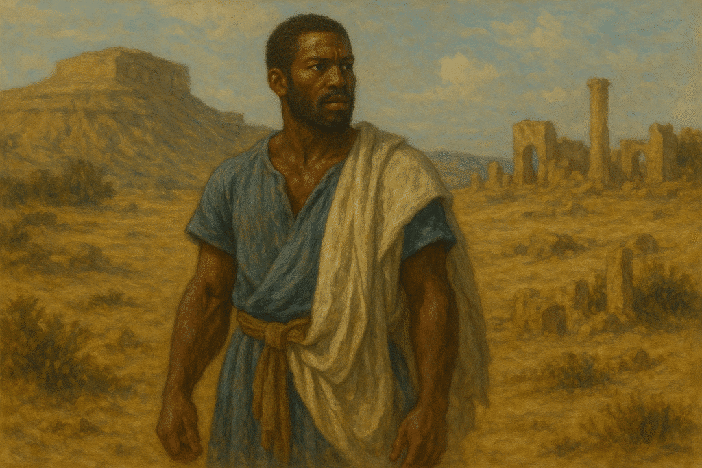 A robed man in a sunlit desert walks among ruined columns, evoking a world where past civilizations once hoarded arcane might