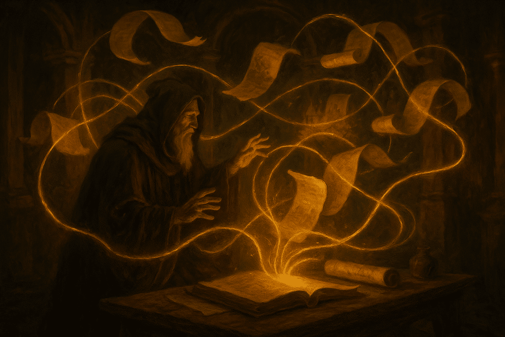 A cloaked sage in a dark chamber gestures toward glowing threads of golden light as floating scrolls spiral around him, emerging from an open book on the table.