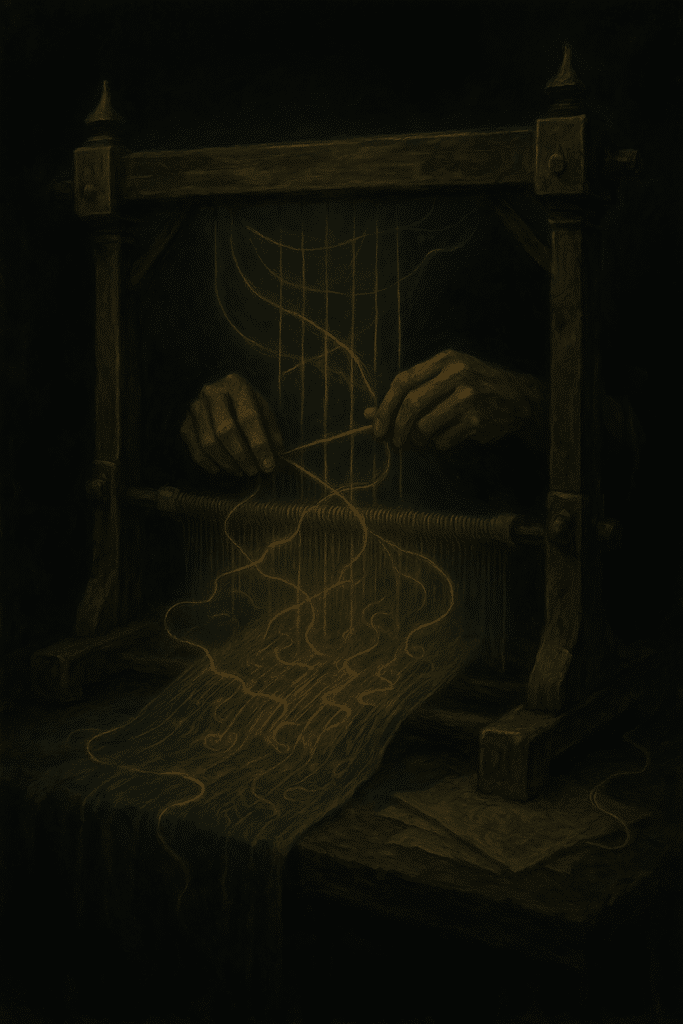A pair of aged hands weaving glowing golden threads into an ancient wooden loom suspended in darkness, with the threads forming intricate narrative patterns.