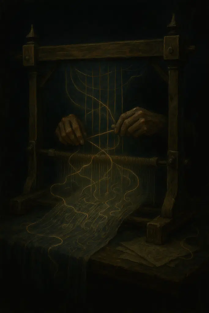 A pair of aged hands weaving glowing golden threads into an ancient wooden loom suspended in darkness, with the threads forming intricate narrative patterns.