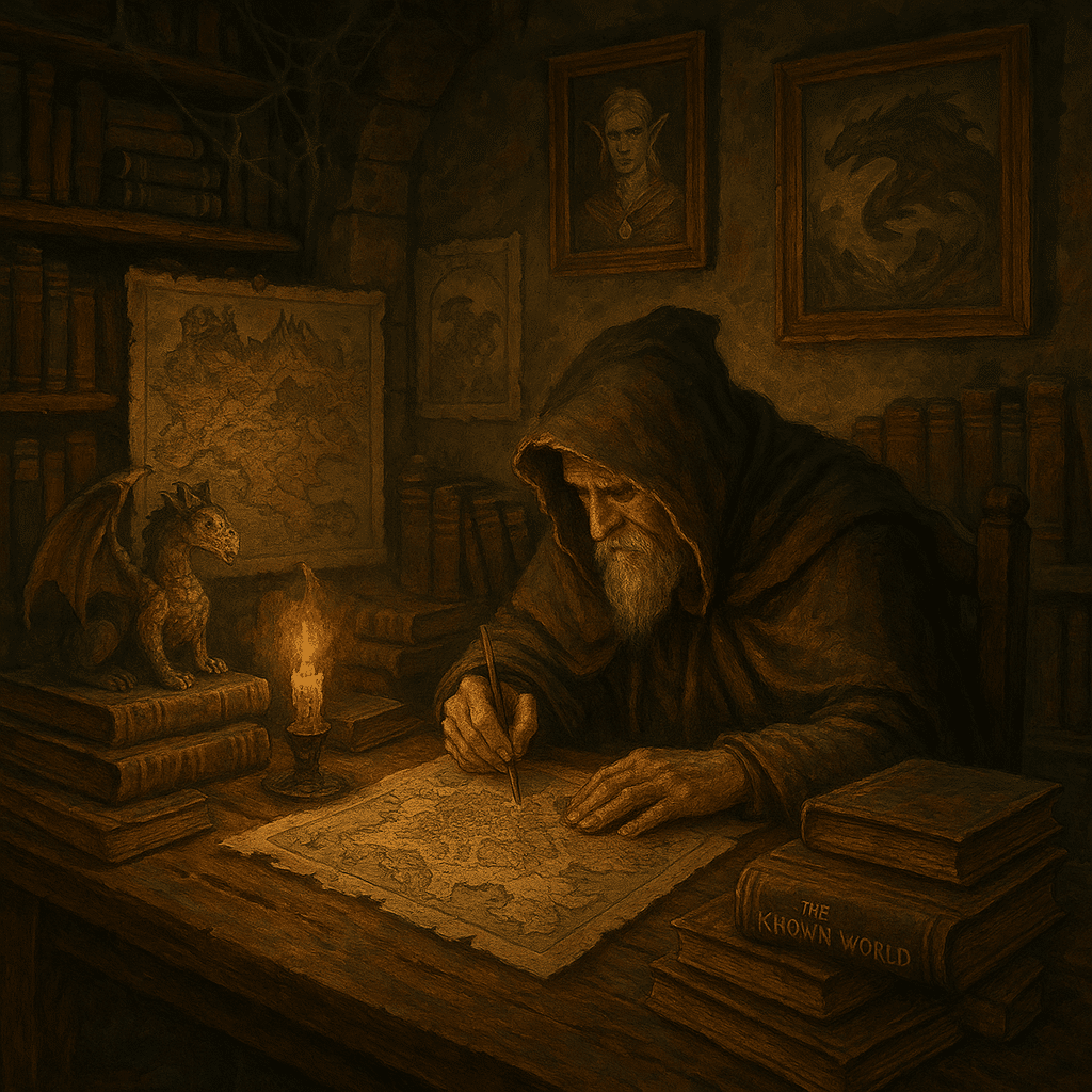 Candlelit medieval library filled with maps and fantasy artifacts, a cloaked figure sketching another repetitive map