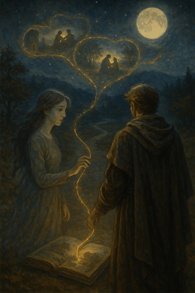 A ghostly woman and a cloaked man stand at a moonlit crossroads, connected by a glowing golden thread, with shared memories floating above them in the starry sky.