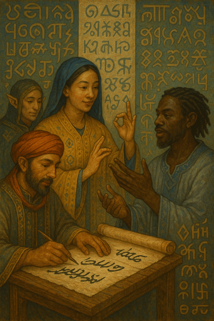A diverse group of fantasy characters collaborates around an ancient scroll: a Middle Eastern man writes with a quill, an East Asian woman signs with her hands, a dark-skinned man gestures expressively, and an elf observes. The background is filled with intricate scripts inspired by various linguistic traditions.