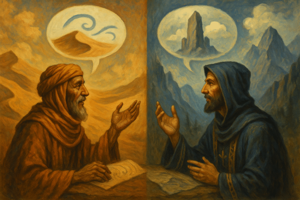 A desert nomad in warm robes gestures while speaking across a divide to a mountain priest in blue, each surrounded by landscapes that reflect their origins—rolling dunes and jagged peaks—with speech bubbles showing metaphoric images of sand and stone.