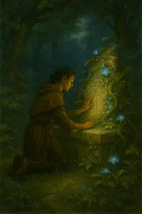 A cloaked figure kneels at a glowing stone altar in a lush forest, touching bioluminescent vines and ancient carvings beneath moonlight