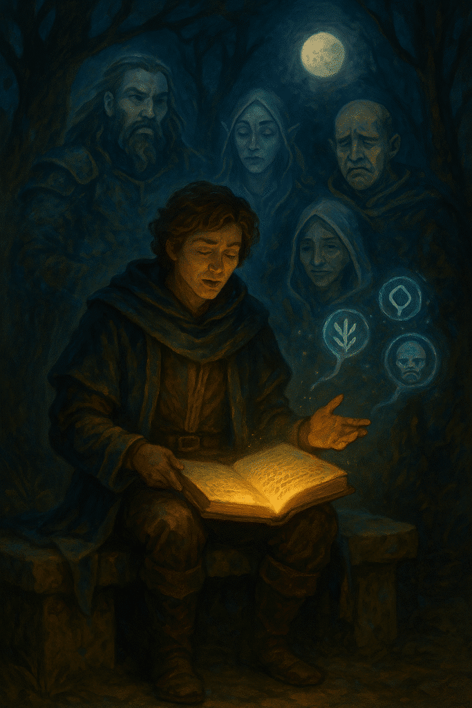 A fantasy writer sits on a stone bench in a moonlit grove, reading aloud from a glowing manuscript. Behind them, four spectral characters materialize—some attentive, others frowning or solemn—lit by pale blue light among the trees.